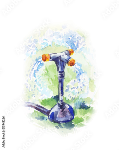 Watercolor illustration of watering process with garden sprayer