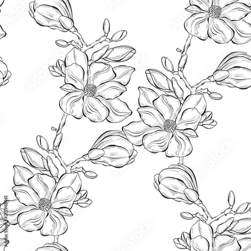 Seamless pattern with magnolia branches on a white background. Monochrome vector illustration.