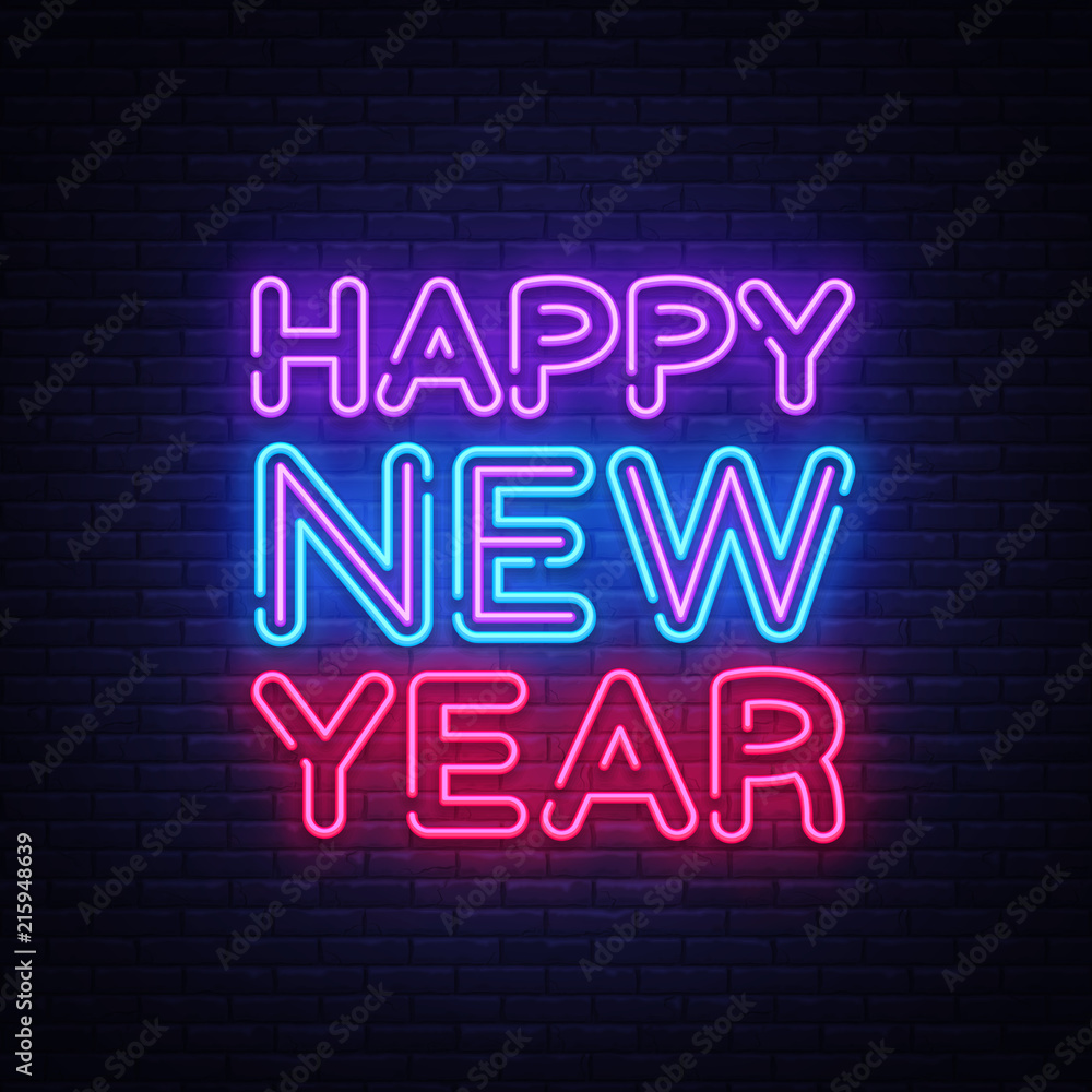 Happy New Year Neon Text Vector. Neon Sign, Greeting card design template with 3D typography label. Light banner, Design element. Vector Illustration