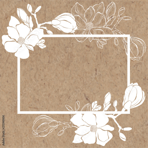 Floral background with magnolia and place for text on kraft paper. Vector frame. Rectangle.  It can be an invitation, a greeting card or an element of your design.