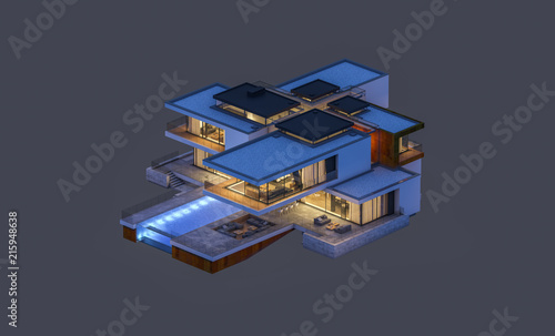 3d rendering of modern cozy house at night with garage for sale or rent. Isolated on gray.