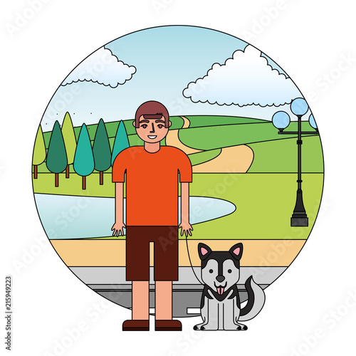 boy with her siberian dog in the street park
