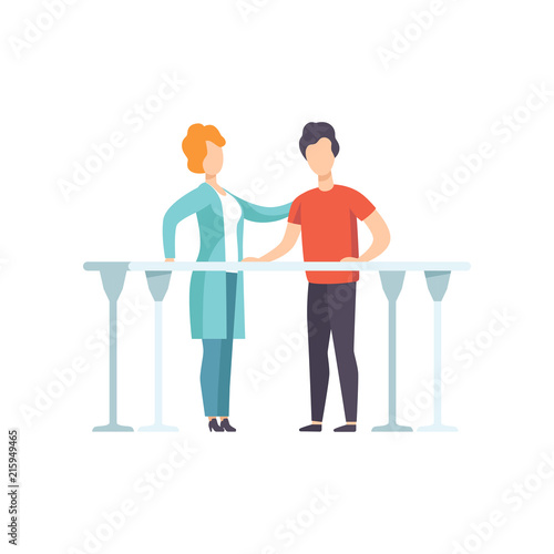 Therapist working with disabled patient using parallel bars, medical rehabilitation, physical therapy activity vector Illustration