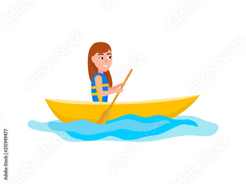 Kayaking Girl Sitting in Boat Vector Illustration