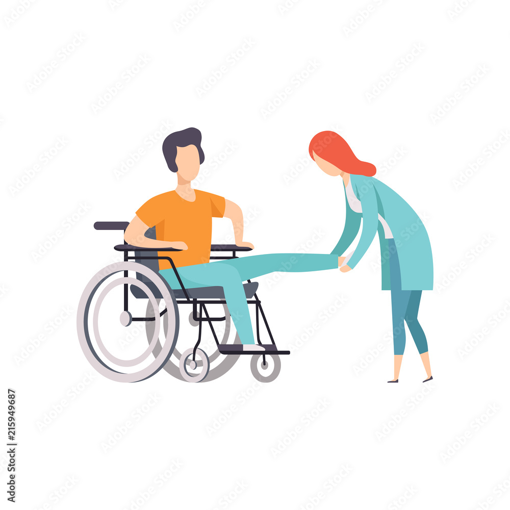Female doctor helping woman sitting on wheelchair, medical rehabilitation, physical therapy activity cartoon vector illustration Female doctor helping woman sitting on wheelchair, medical rehabilitation, physical therapy activity cartoon vector illustration