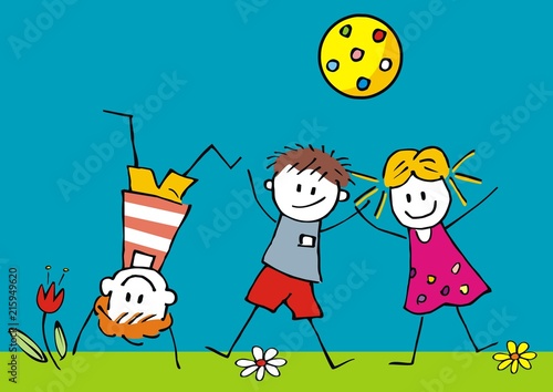 Happy kids and ball, vector illustration