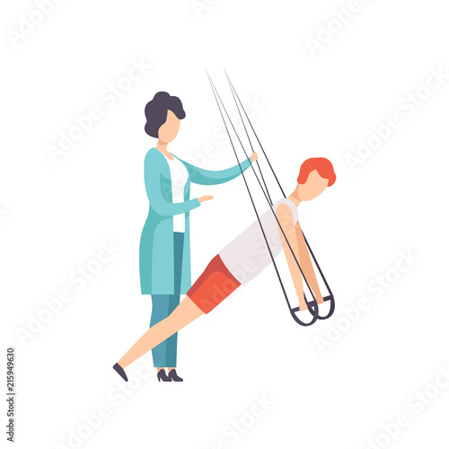 Man doing exercises using special ropes for intense body training, trx training, healthy lifestyle and rehabilitation cartoon vector illustration