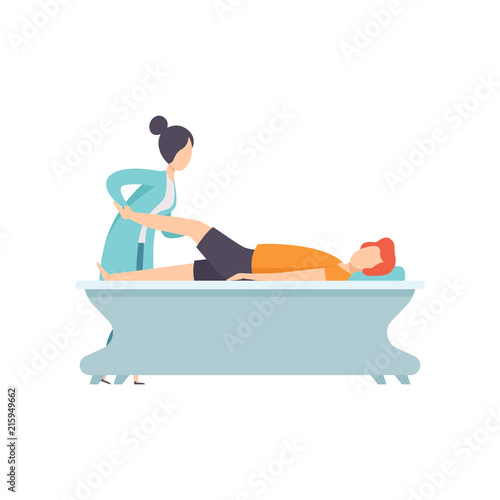 Man receiving leg physical therapy, medical rehabilitation, physical therapy activity vector Illustration