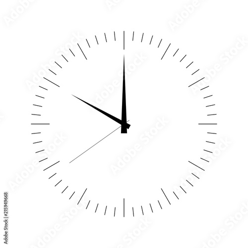 Clock face. Blank hour dial with hour, minute and second hand. Dashes mark minutes and hours. Simple flat vector illustration.