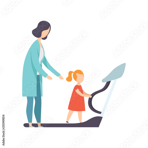 Therapist working with little girl training on treadmill, recovery after trauma, medical rehabilitation, physical therapy activity vector Illustration