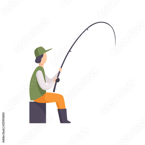 Fisherman sitting on the shore and fishing with a fishing rod vector Illustration on a white background