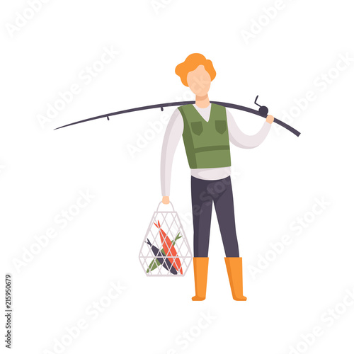 Fisherman standing with caught fish and fishing rod vector Illustration on a white background