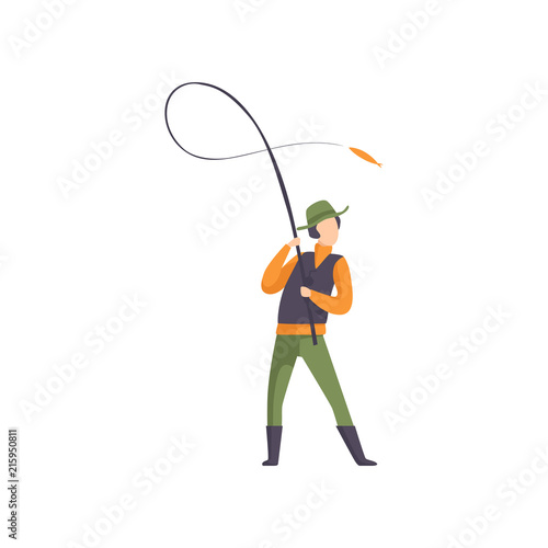 Fisherman throwing spinning into the water vector Illustration on a white background