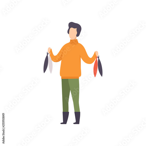 Fisherman standing with fish caught vector Illustration on a white background