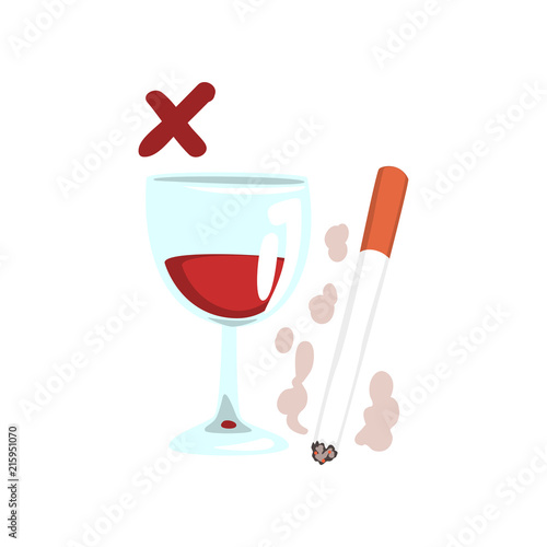Cigarette and wine glass, no bad habits vector Illustration on a white background