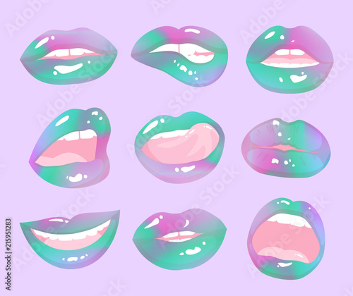 Magic rainbow lips doodle patches. Holographic lips collection. Woman mouth with a kiss, smile, tongue and teeth isolated on background.