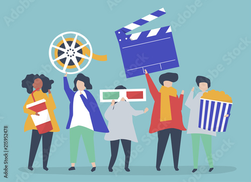 Characters of people holding movie icons illustration