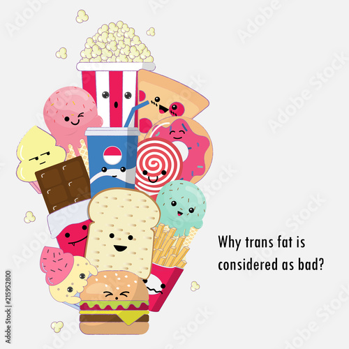 Harmful of trans fat cute cartoon doodle vector.