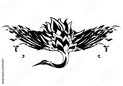 japanese crane bird with spread wings black and white vector outline