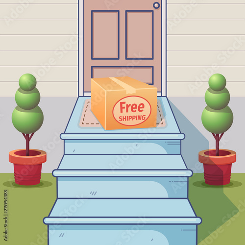 Free shipping. Colorful concept of delivery service. Cartoon porch and delivered parcel. Vector illustration.