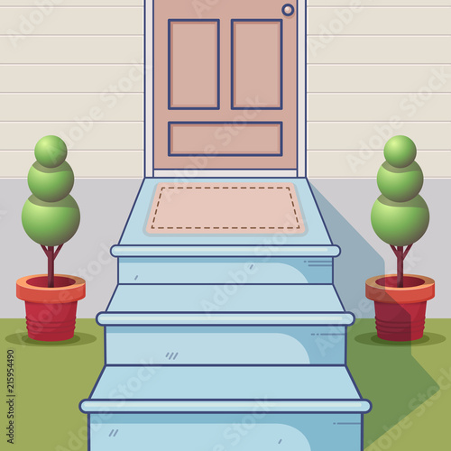 Concept of the cartoon porch. Exterior entrance scene. Vector illustration.