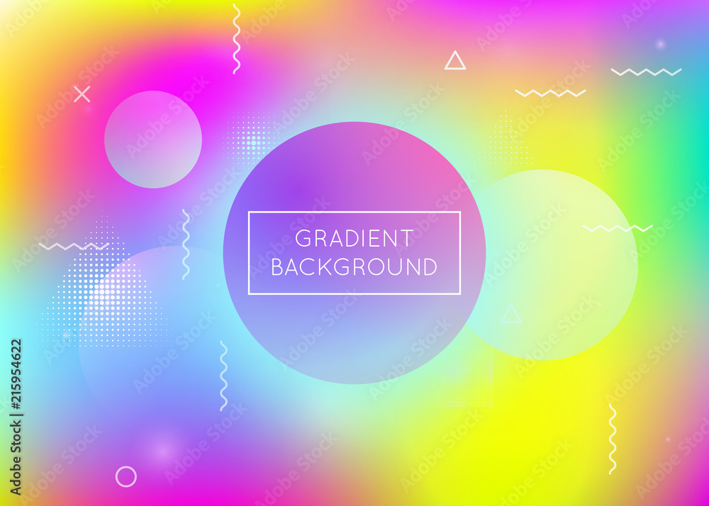 Dynamic shape background with liquid fluid. Holographic bauhaus gradient with memphis elements. Graphic template for brochure, banner, wallpaper, mobile screen. Retro dynamic shape background.