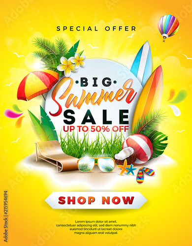 Summer Sale Design with Flower, Beach Holiday Elements and Exotic Leaves on Yellow Background. Tropical Floral Vector Illustration with Special Offer Typography for Coupon, Voucher, Banner, Flyer
