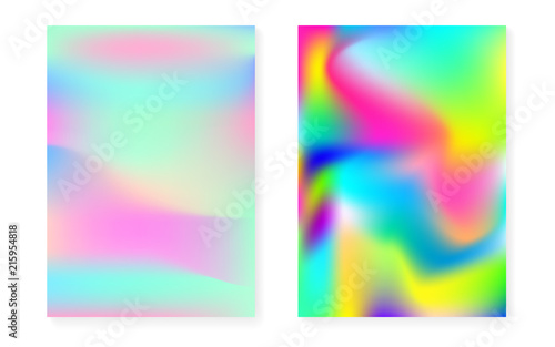 Holographic gradient background set with hologram cover. 90s, 80s retro style. Pearlescent graphic template for flyer, poster, banner, mobile app. Multicolor minimal holographic gradient.