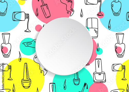 Nail banner with doodle manicure pattern. Hand drawn polish and varnish bottles on 3d paper plate. Stylish nail banner template for cosmetic, fashion and make up sales, ads, special offers and flyers.