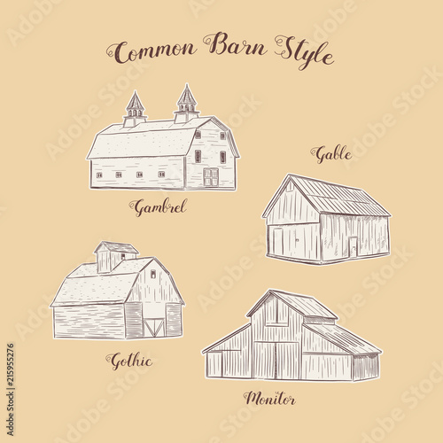 Coleection of common barn style, hand draw sketch vector.