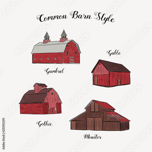 Coleection of common barn style, hand draw sketch vector.