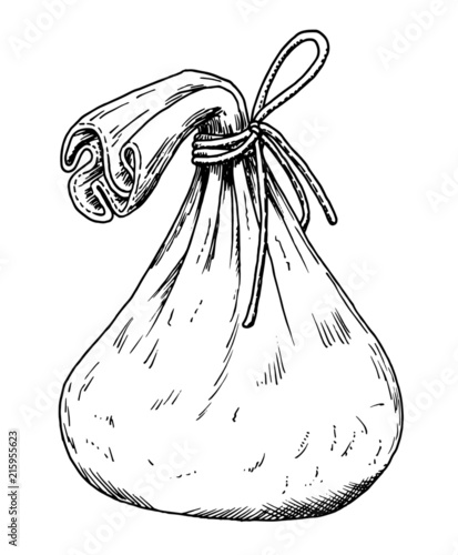 Old style pouch drawing - vintage like illustration of money bag on white background.