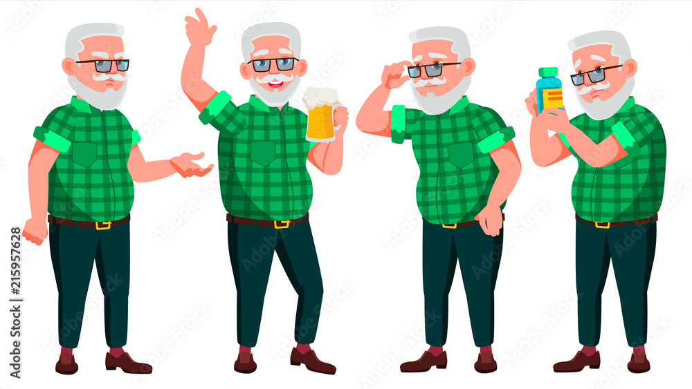 Old Man Poses Set Vector. Elderly People. Senior Person. Aged. Cheerful Grandparent. Presentation, Invitation, Card Design. Isolated Cartoon Illustration