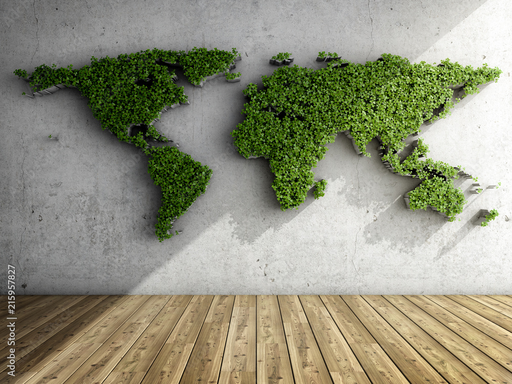 Room with vertical garden in form of world map