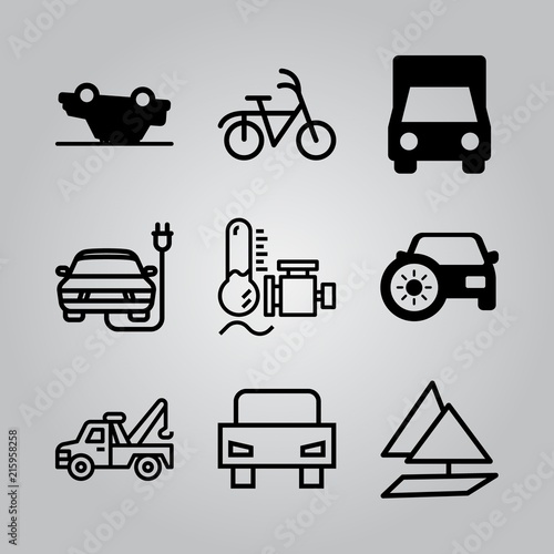 Simple 9 icon set of transport related delivery truck, engine, electric car and car overturn vector icons. Collection Illustration