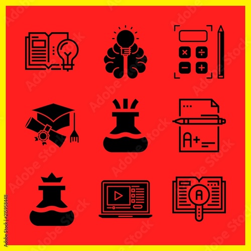 Simple 9 icon set of edication related knowledge, calculator, graduation and flask vector icons. Collection Illustration