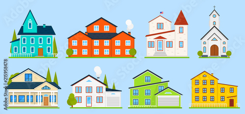 Little cute house or apartments. Family american townhouse. Neighborhood with cozy homes. Traditional Modern cottage for infographics or application interface. Building vector illustration. Flat style