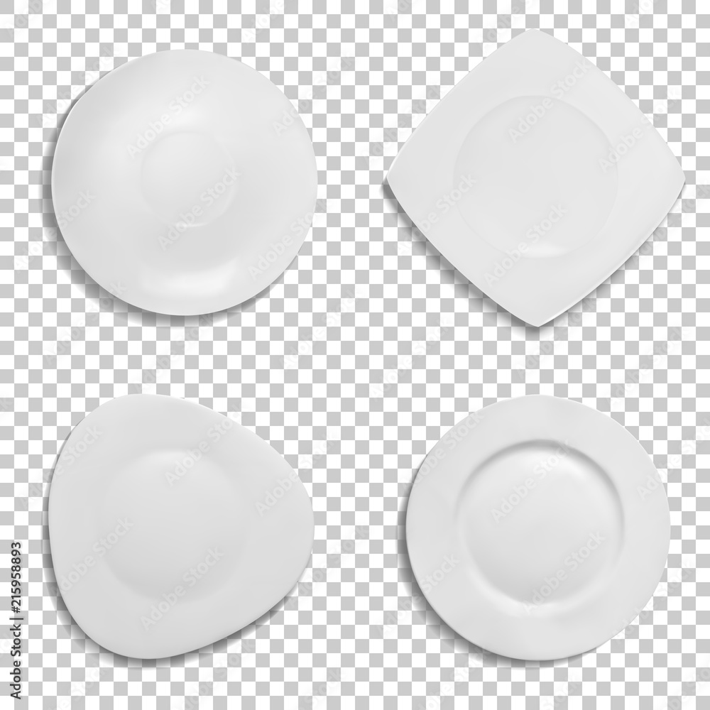 Plates different shapes vector illustration. Isolated 3D realistic models  of ceramic or porcelain white tableware in round, square and triangle form  with soft edges for soup, salad or appetizers vector de Stock