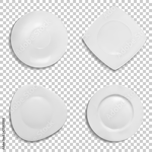 Plates different shapes vector illustration. Isolated 3D realistic models of ceramic or porcelain white tableware in round, square and triangle form with soft edges for soup, salad or appetizers