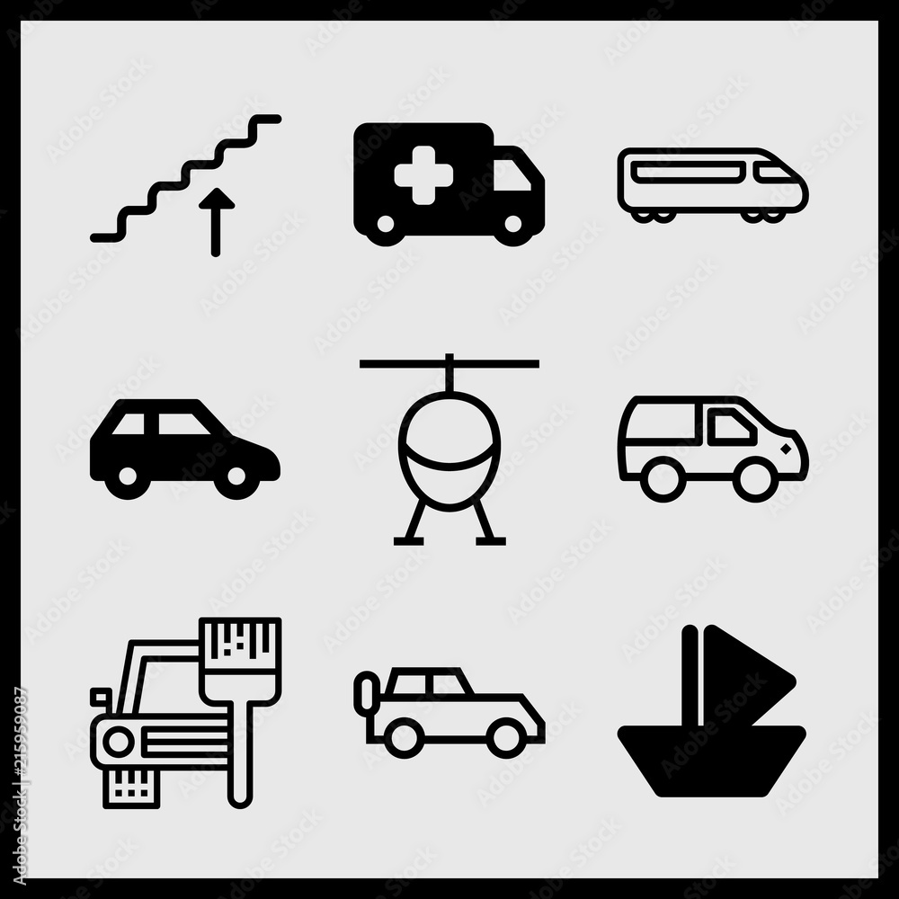 Simple 9 icon set of car related paper sailboat, car, car and ambulance vector icons. Collection Illustration