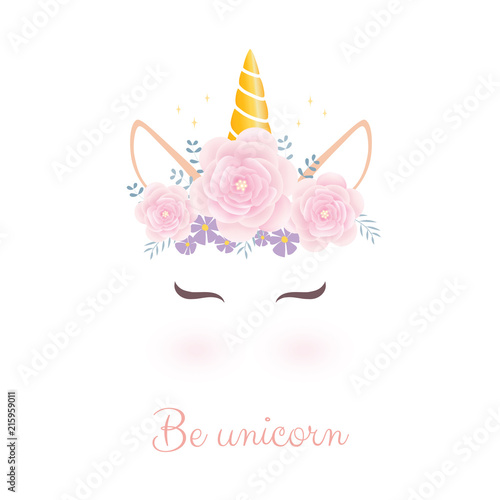 Cute unicorn head with flower crown. 
