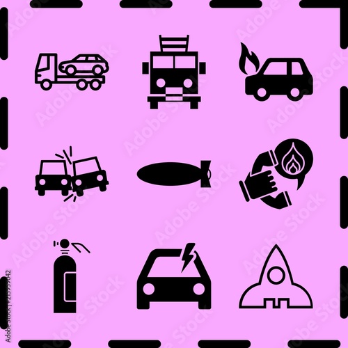 Simple 9 icon set of fire related firetruck, emergency call, side crash and rocket outlined space ship vector icons. Collection Illustration