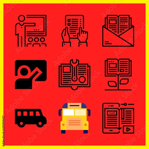 Simple 9 icon set of edication related school bus, school bus, manual and classroom vector icons. Collection Illustration