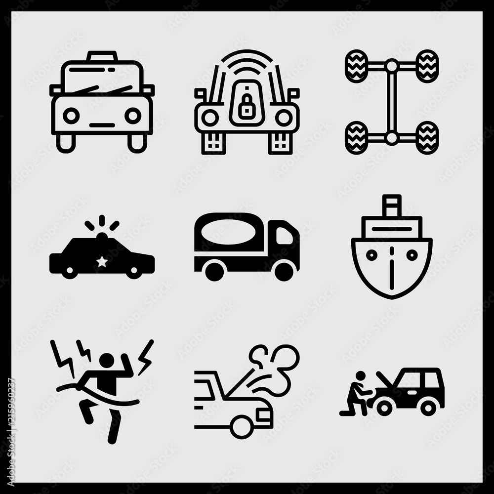 Simple 9 icon set of car related ship, police car, cab and car vector icons. Collection Illustration Simple 9 icon set of car related ship, police car, cab and car vector icons. Collection Illustration