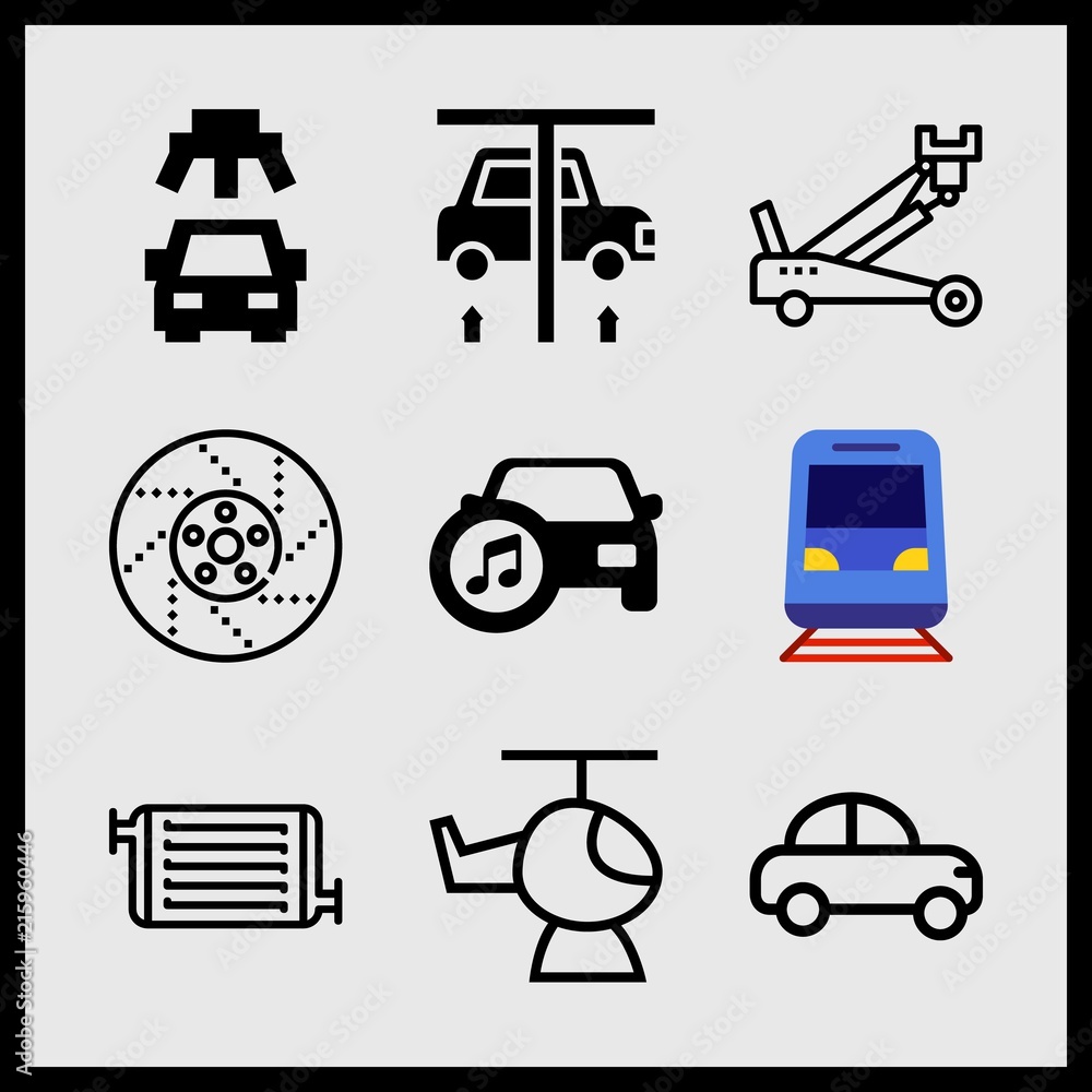 Simple 9 icon set of car related car, radiator, mechanic and train vector icons. Collection Illustration Simple 9 icon set of car related car, radiator, mechanic and train vector icons. Collection Illustration