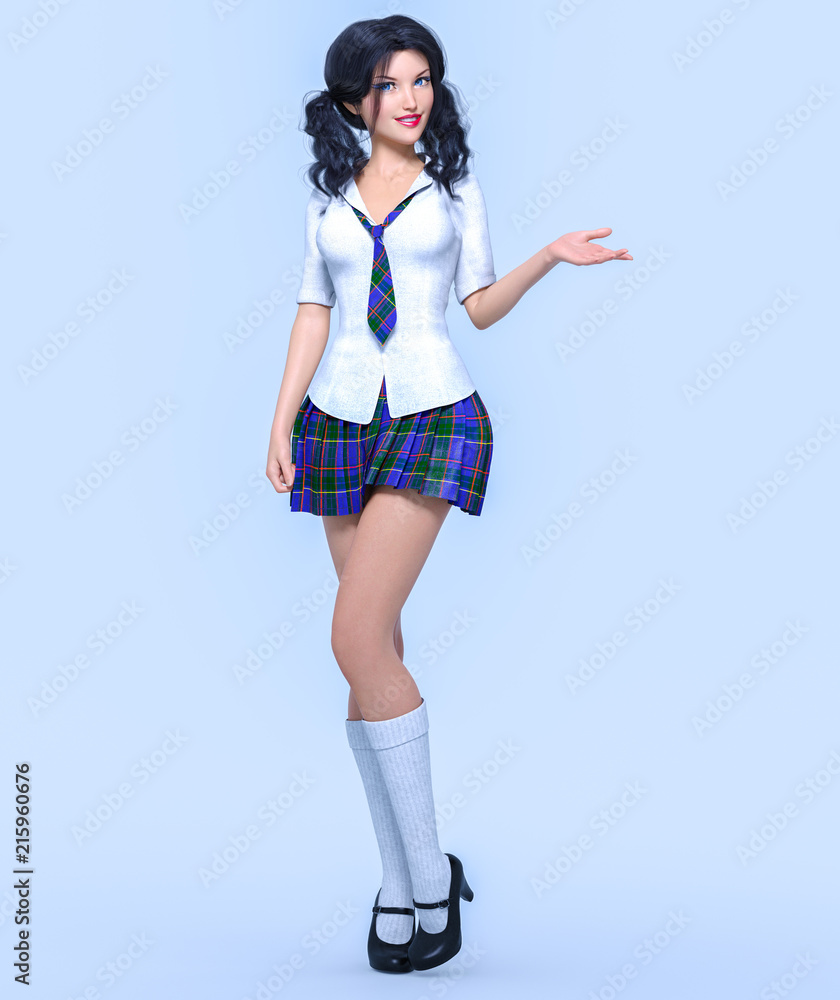 attractive girl school uniform.White blouse, blue short skirt cage.Woman  studio photography. High heel. Conceptual fashion art. Seductive candid  pose. Realistic render illustration Stock Illustration | Adobe Stock