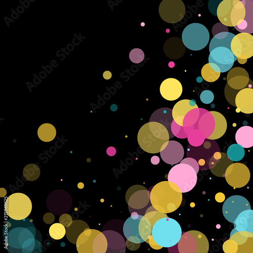 Memphis round confetti festive background in cyan blue  pink and yellow. Childish pattern vector.