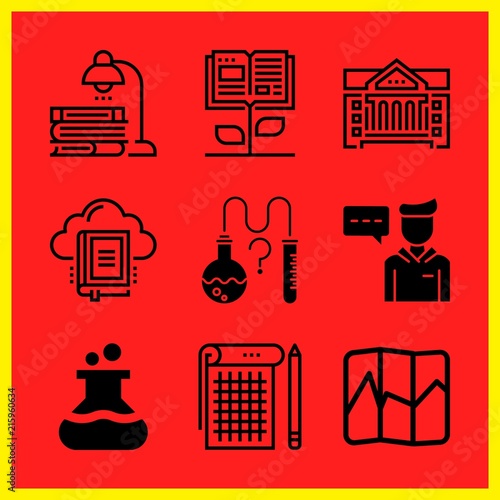 Simple 9 icon set of edication related student, map, flask and open book vector icons. Collection Illustration