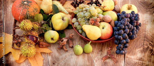 Fototapeta Naklejka Na Ścianę i Meble -  Harvest on table - organic, healthy seasonal fruit (thanksgiving)