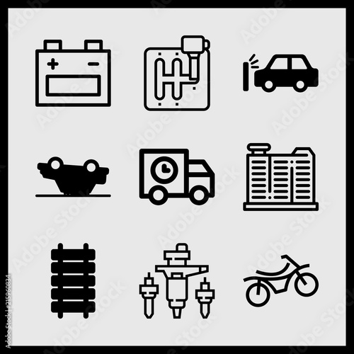 Simple 9 icon set of car related car crash, car overturn, motorcycle and railroad with wood planks vector icons. Collection Illustration